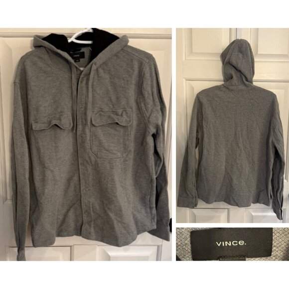 Vince Gray Cotton Button Up Hooded Long Sleeve Shirt Jacket - 31928 - Picture 1 of 12
